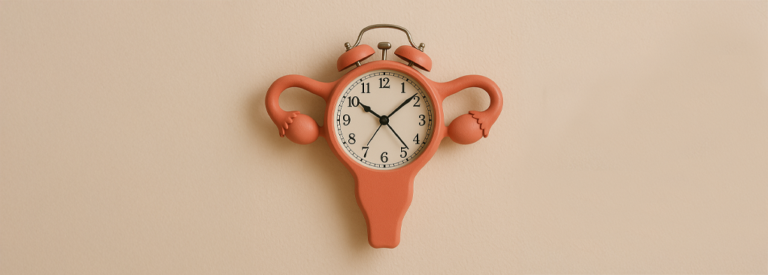 Reloj con forma de útero sobre fondo beige, representa la relación entre amenorrea y embarazo, el tiempo biológico y los ciclos menstruales.