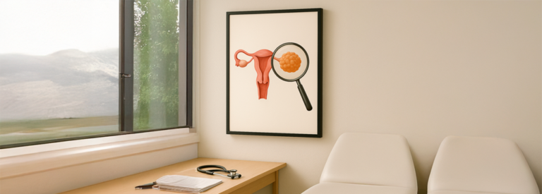 Ilustración médica de útero femenino con un ovario ampliado bajo lupa, colgada en una pared de consultorio junto a sillas blancas y escritorio con estetoscopio.
