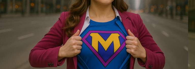 Mujer empoderada abre su saco para mostrar una camiseta con una “M” de heroína en una ciudad vacía