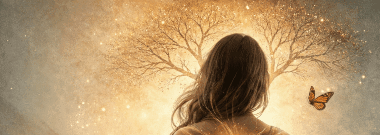 Mujer de espaldas frente a un árbol luminoso y una mariposa, imagen simbólica sobre ser estéril, esterilidad femenina y fertilidad.