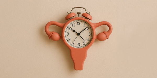 Reloj con forma de útero sobre fondo beige, representa la relación entre amenorrea y embarazo, el tiempo biológico y los ciclos menstruales.