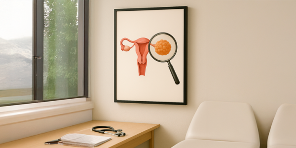 Ilustración médica de útero femenino con un ovario ampliado bajo lupa, colgada en una pared de consultorio junto a sillas blancas y escritorio con estetoscopio.