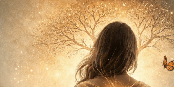 Mujer de espaldas frente a un árbol luminoso y una mariposa, imagen simbólica sobre ser estéril, esterilidad femenina y fertilidad.