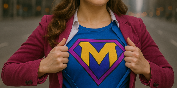 Mujer empoderada abre su saco para mostrar una camiseta con una “M” de heroína en una ciudad vacía
