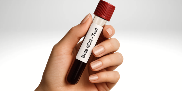 Mano sosteniendo una muestra de sangre etiquetada como "Beta hCG - Test", representando el análisis de hormona beta hCG tras una FIV.